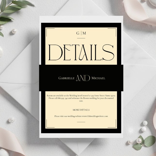 Black Cream Timeless Elegant Monogram Wedding  Invitation Belly Band (Creator Uploaded)