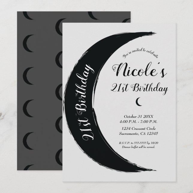 Black Crescent Dark Moon Celestial Birthday Party Invitation (Front/Back)