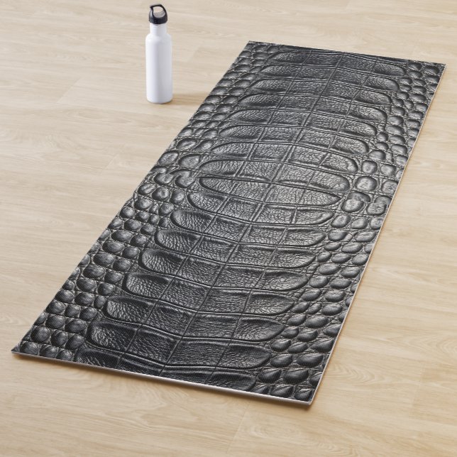Black Crocodile Alligator Skin Faux Leather Print Yoga Mat (In Situ)