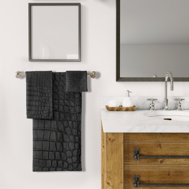 Black Crocodile Leather Print Bath Towel Set (Black Crocodile Leather Print Bath Towel by Looly Elzayat
)