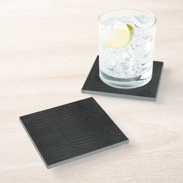 Black Crocodile Leather Print Glass Coaster (Angled)