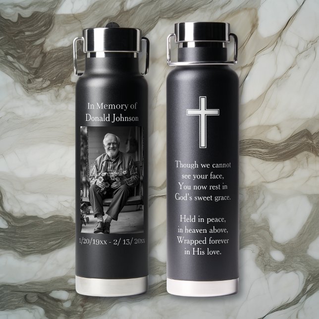 Black Cross and Poem Photo Memorial Water Bottle (Creator Uploaded)