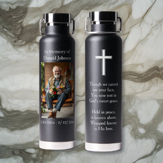 Black Cross and Poem Photo Memorial Water Bottle