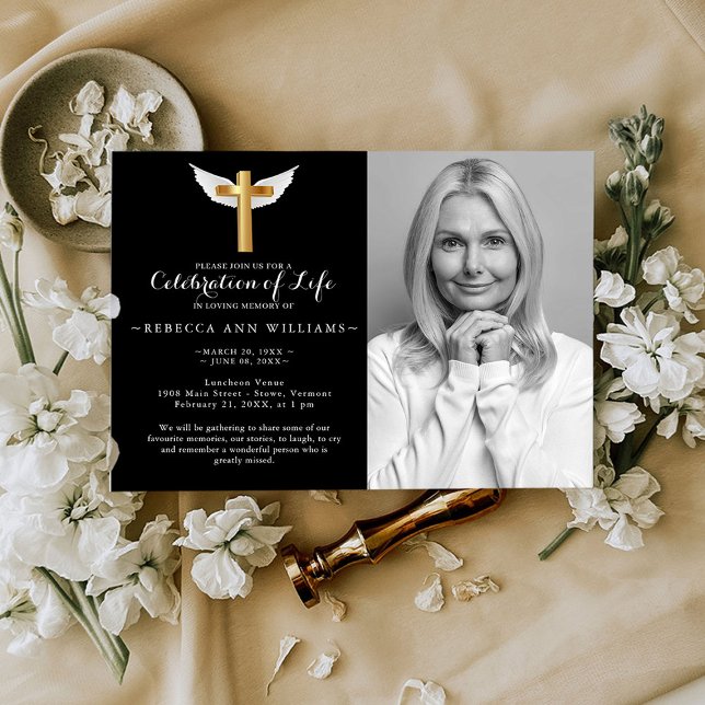 Black Cross Elegant Photo Celebration of life Invitation (Creator Uploaded)