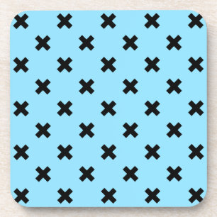 Black cross stitches on baby blue coaster