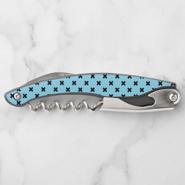 Black cross stitches on baby blue corkscrew (Back)