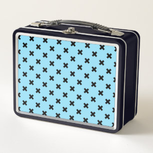 Black cross stitches on baby blue metal lunch box