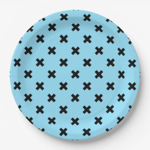 Black cross stitches on baby blue paper plate