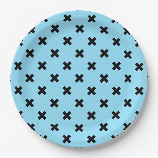 Black cross stitches on baby blue paper plate (Front)
