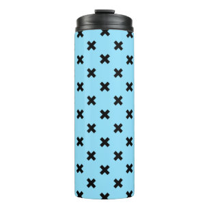 Black cross stitches on baby blue thermal tumbler