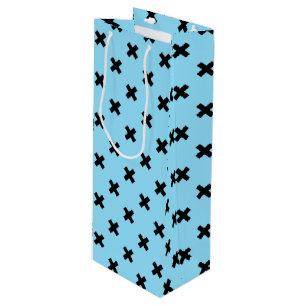 Black cross stitches on baby blue wine gift bag