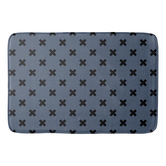 Black cross stitches on blue-grey bath mat (Front)