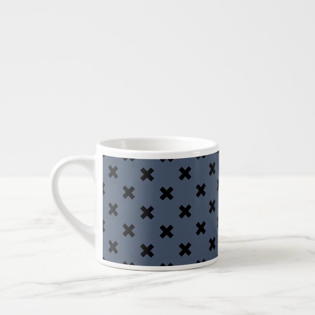 Black cross stitches on blue-grey espresso cup (Left)