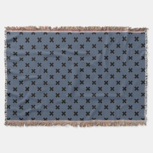 Black cross stitches on blue-grey throw blanket (Front)