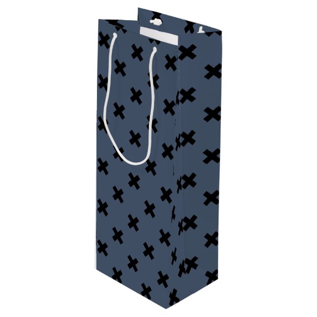 Black cross stitches on blue-grey wine gift bag (Front Angled)