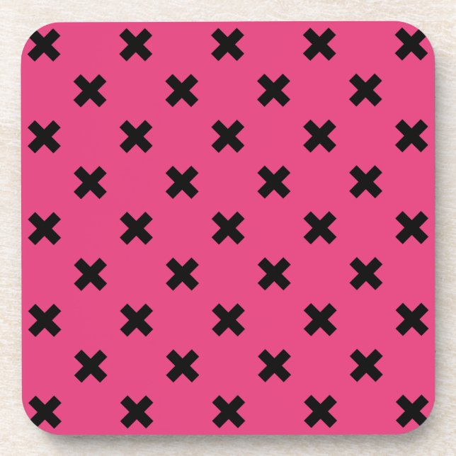 Black cross stitches on fuchsia coaster (Front)