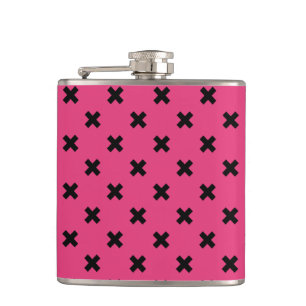 Black cross stitches on fuchsia hip flask