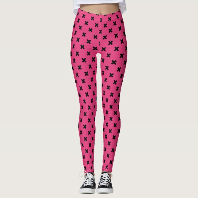 Black cross stitches on fuchsia leggings (Front)