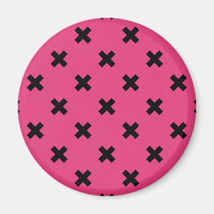 Black cross stitches on fuchsia magnet