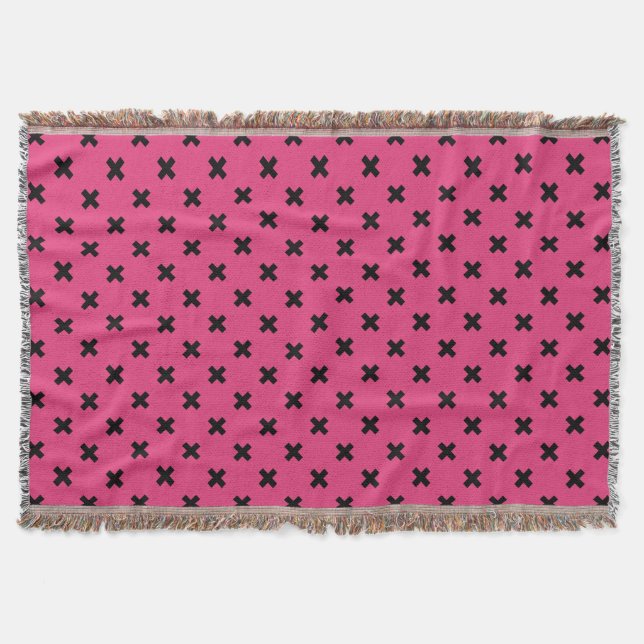 Black cross stitches on fuchsia throw blanket (Front)