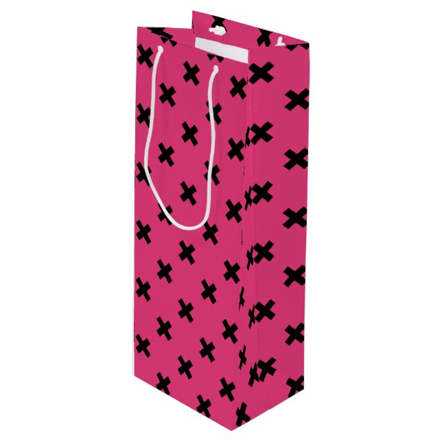 Black cross stitches on fuchsia wine gift bag (Front Angled)