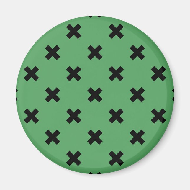 Black cross stitches on green magnet (Front)
