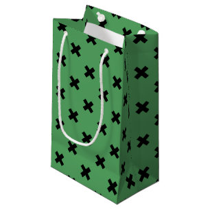 Black cross stitches on green small gift bag