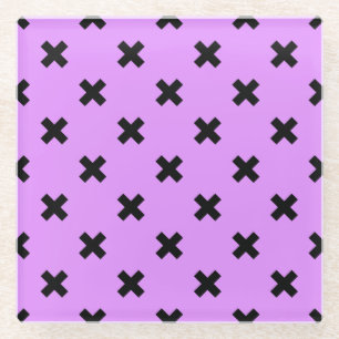 Black cross stitches on lilac glass coaster