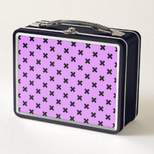 Black cross stitches on lilac metal lunch box