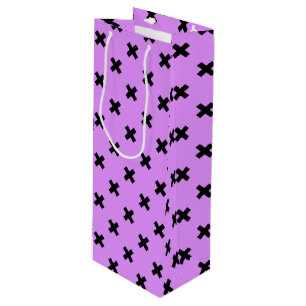 Black cross stitches on lilac wine gift bag