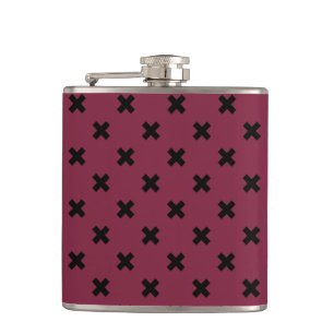 Black cross stitches on mulberry hip flask