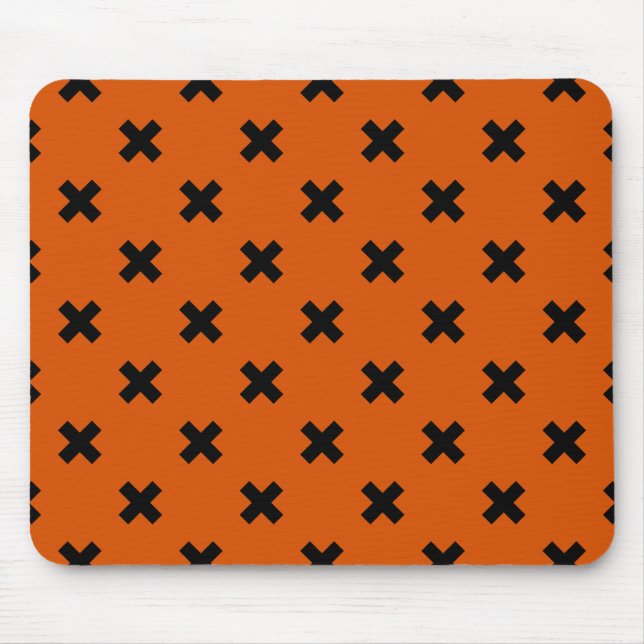 Black cross stitches on orange mouse mat (Front)