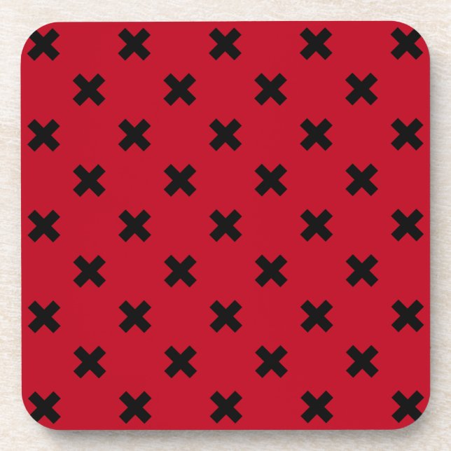 Black cross stitches on red coaster (Front)