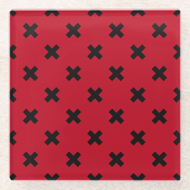 Black cross stitches on red glass coaster (Front)