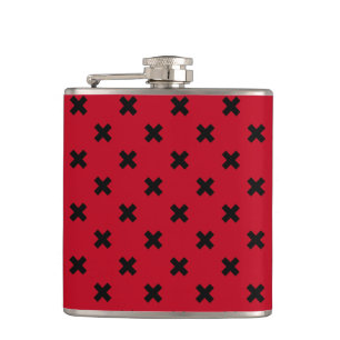 Black cross stitches on red hip flask