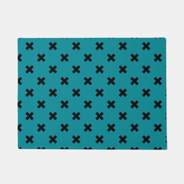 Black cross stitches on teal doormat (Front)