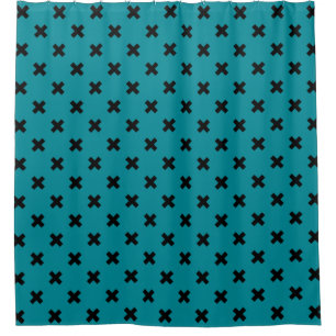 Black cross stitches on teal shower curtain