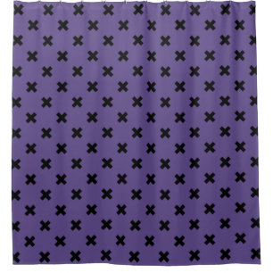 Black cross stitches on ultra violet shower curtain