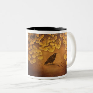Black Crow and Ginkgo Leaves. Two-Tone Coffee Mug