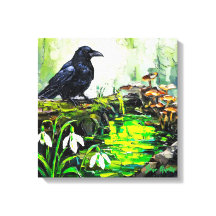 Black Crow and Glowing Forest Stream Oil Painting