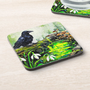 Black Crow and Glowing Forest Stream Oil Painting Coaster