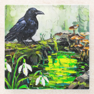 Black Crow and Glowing Forest Stream Oil Painting Glass Coaster