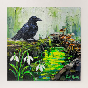 Black Crow and Glowing Forest Stream Oil Painting Jigsaw Puzzle