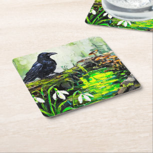 Black Crow and Glowing Forest Stream Oil Painting Square Paper Coaster