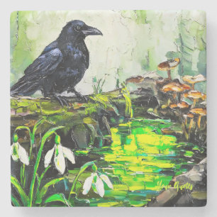 Black Crow and Glowing Forest Stream Oil Painting Stone Coaster