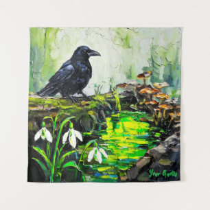 Black Crow and Glowing Forest Stream Oil Painting Tapestry