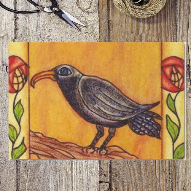 Black Crow Art Deco Roses Folk Art Tissue Paper (Black crow on branch red abstract flowers on stems leaves on golden yellow tissue paper.)
