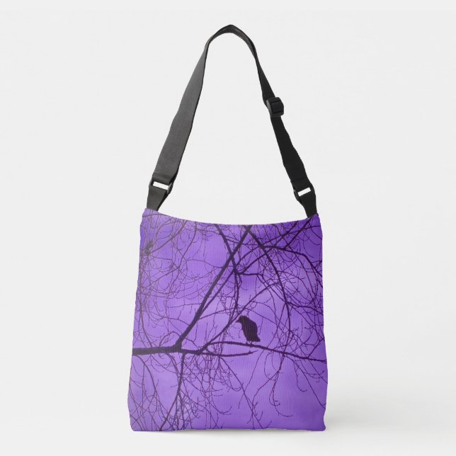 Black Crow Barren Tree Branch Haunting Purple Sky Crossbody Bag (Front)