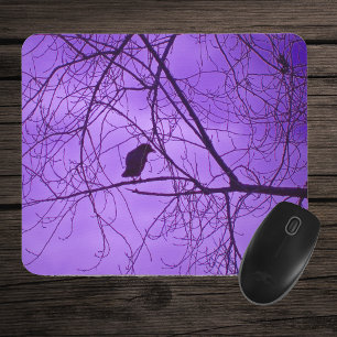 Black Crow Barren Tree Branches Purple Sky Mouse Mat