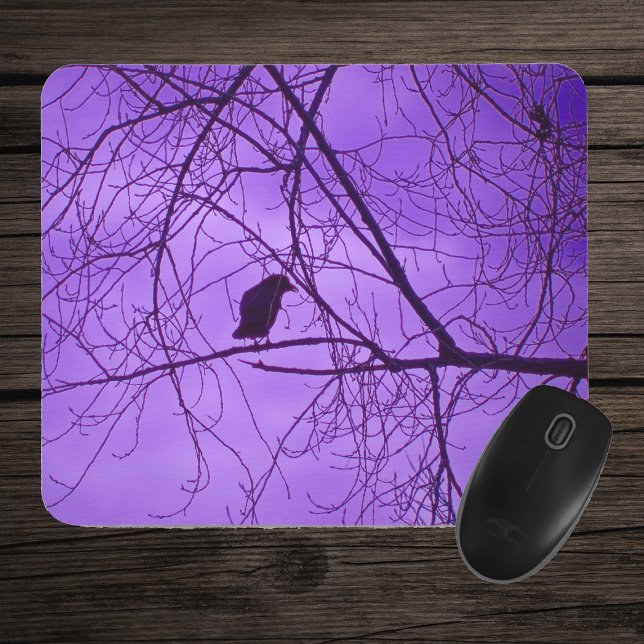 Black Crow Barren Tree Branches Purple Sky Mouse Mat (Single black crow in barren black trees against purple sky on mousepad.)